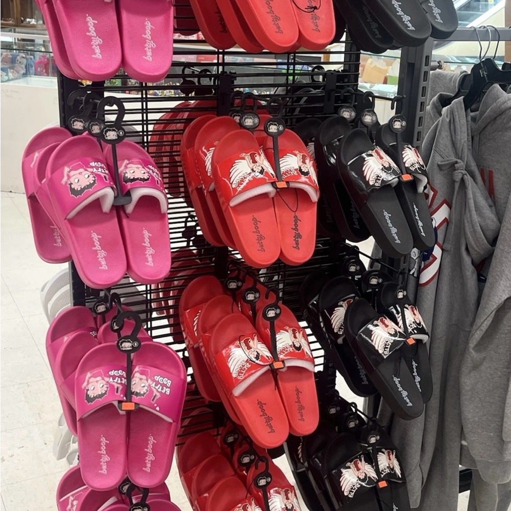 Betty Boop Vibrant Slide Sandals in Pink, Red, and Black pick size and color
